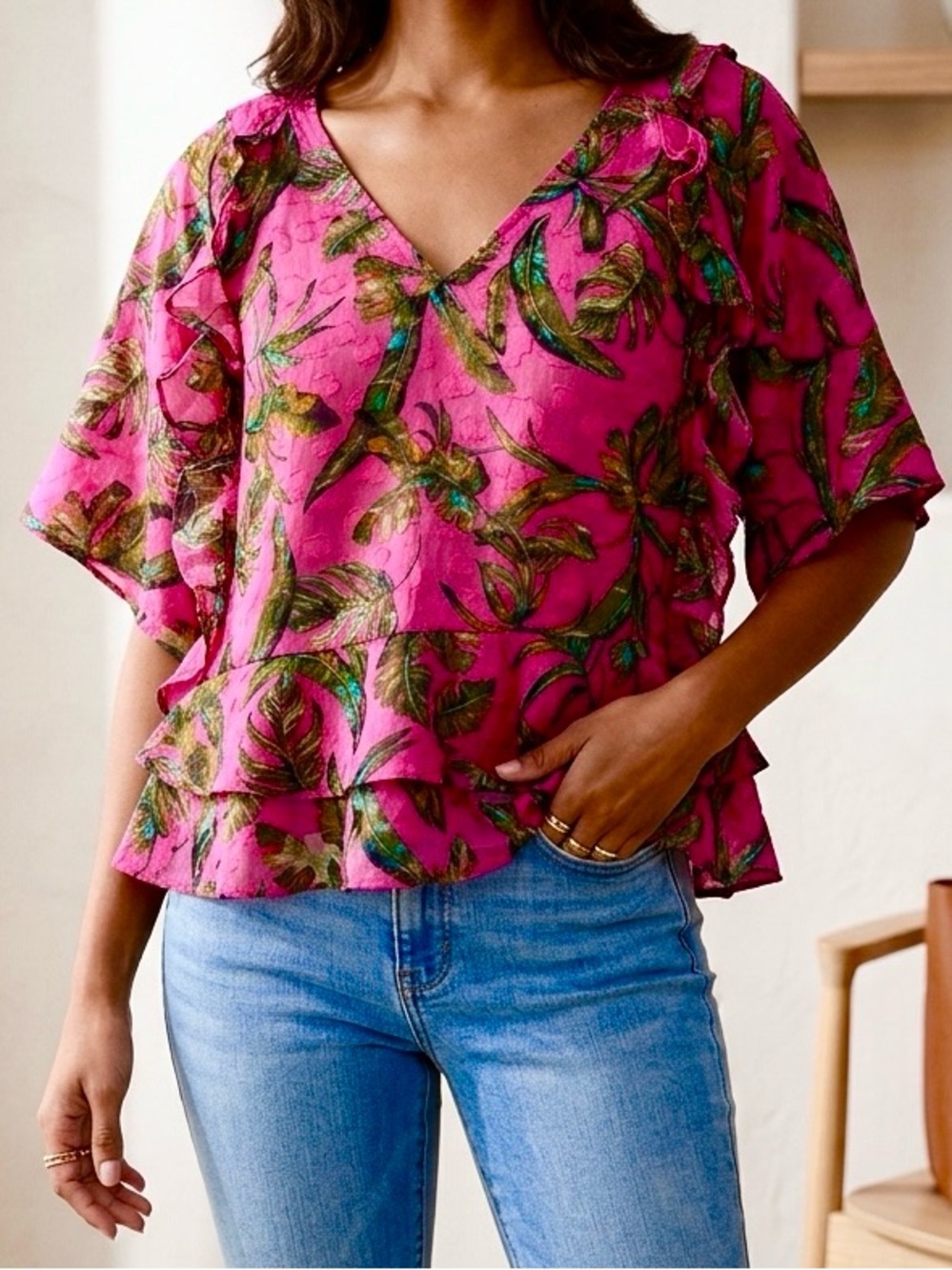 Marc New York Andrew Marc Blouse Fuchsia Botanical Flutter Sleeve Ruffle Large